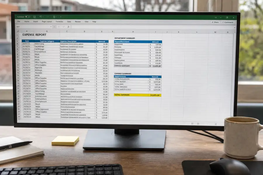 Expense report spreadsheet on a monitor with highlighted totals