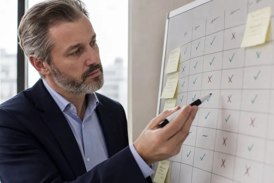 Finance manager comparing software options on a whiteboard shortlist