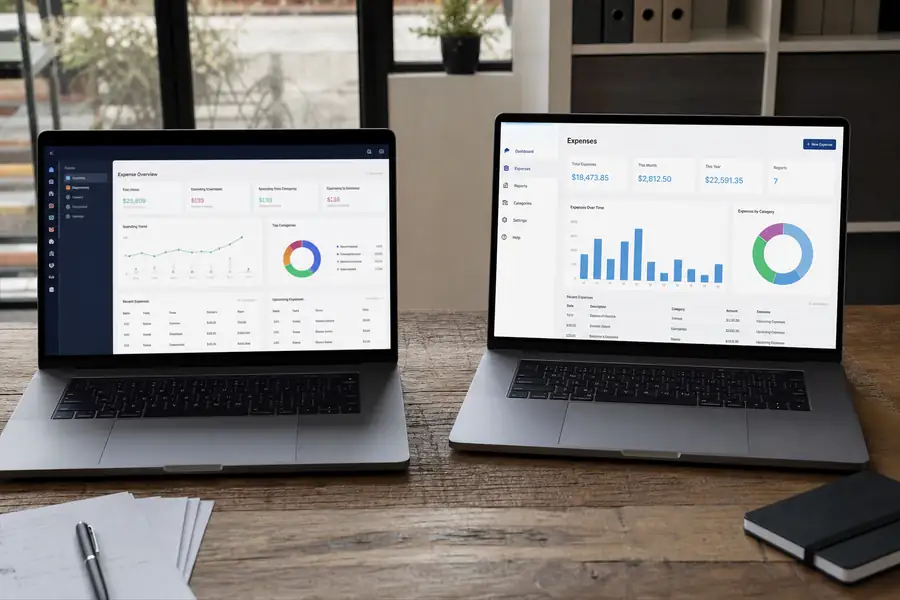 Two laptops side by side showing different expense software dashboards