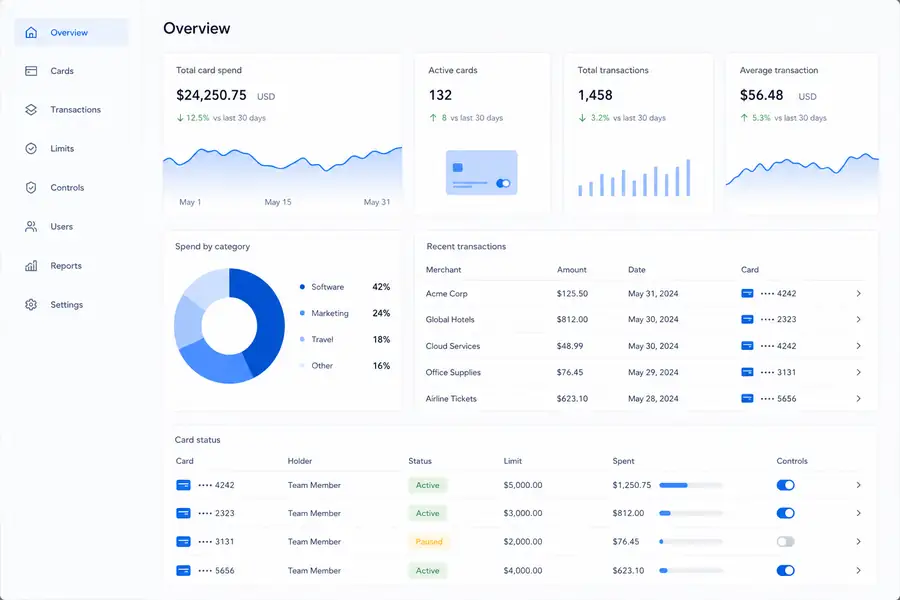 Clean SaaS dashboard illustration for bring your own card, modern flat UI style, brand blue accents