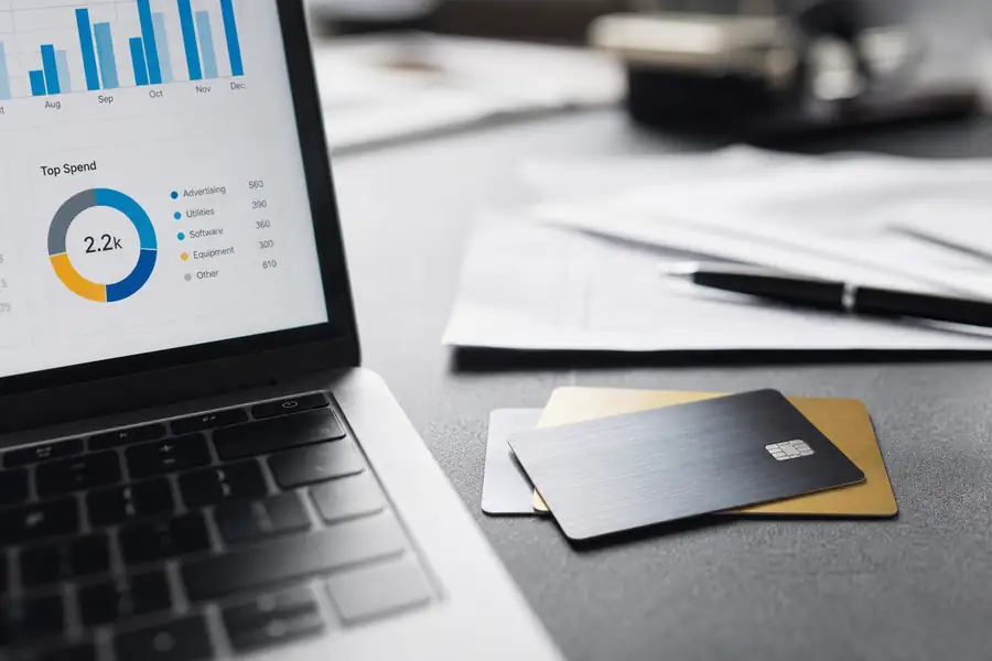 Corporate cards laid on a desk beside a spend dashboard on a laptop