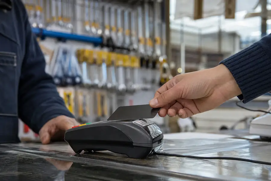 Employee corporate card being tapped at a hardware store counter