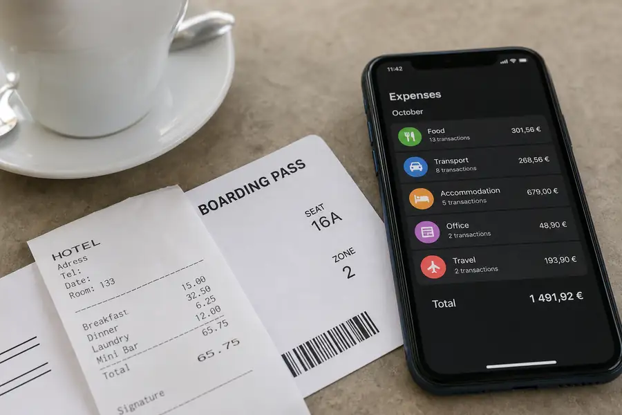 Of boarding pass, hotel receipt and phone with an expense app on a cafe table, shallow depth of field, realistic photo