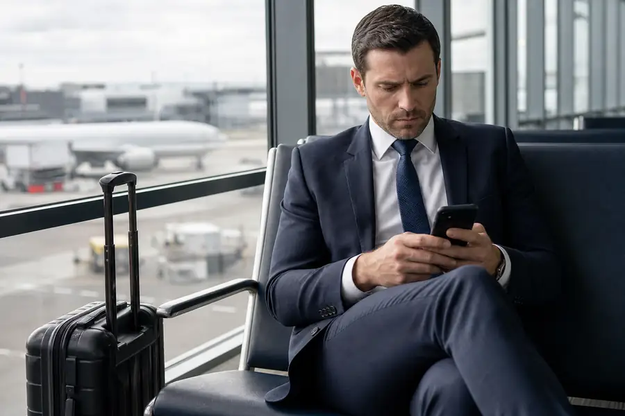 Business traveler with carry-on reviewing expenses on a phone at an airport gate, realistic photo