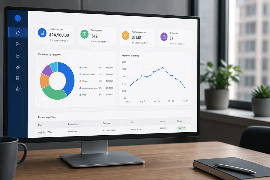 Clean SaaS dashboard illustration for business travel expense categories, modern flat UI style, brand blue accents