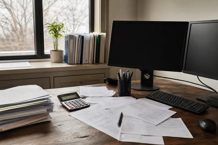 Bookkeeper at a desk with tax forms, calculator and dual monitors