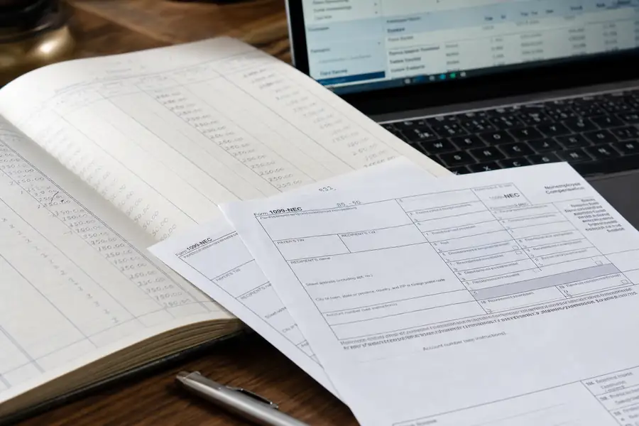 Organized ledger and 1099 forms beside a laptop with accounting software