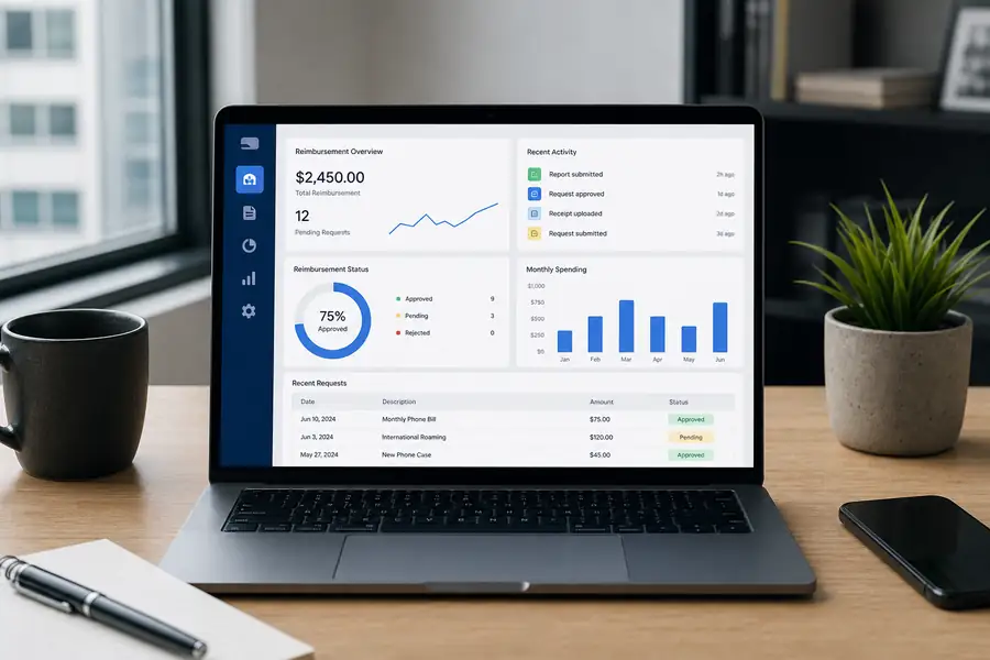 Clean SaaS dashboard illustration for cell phone reimbursement, modern flat UI style, brand blue accents