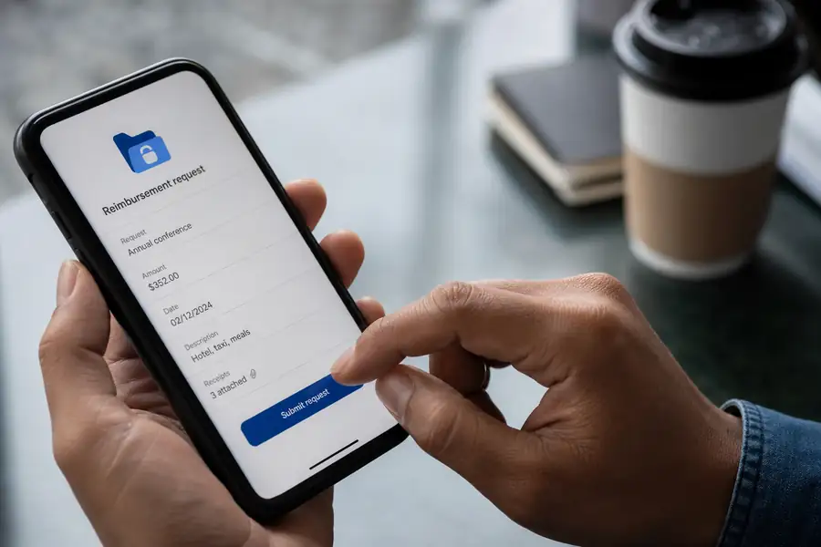 Of employee submitting a reimbursement request on a phone app, shallow depth of field, realistic photo