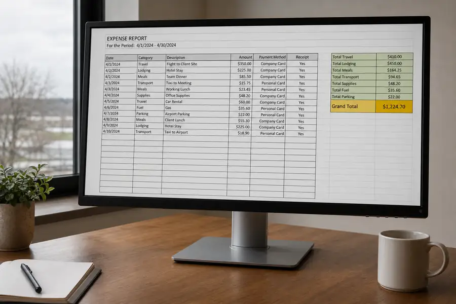 Expense report spreadsheet on a monitor with highlighted totals, realistic photo