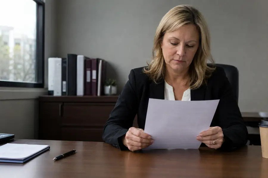 HR manager reviewing a written cell phone reimbursement policy document at a desk