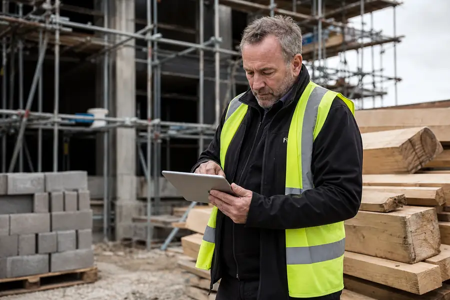 Construction site manager reviewing costs on a tablet beside building materials
