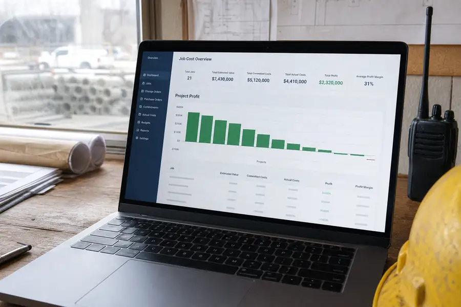 Job cost dashboard with project profit bars on a laptop at a job site trailer