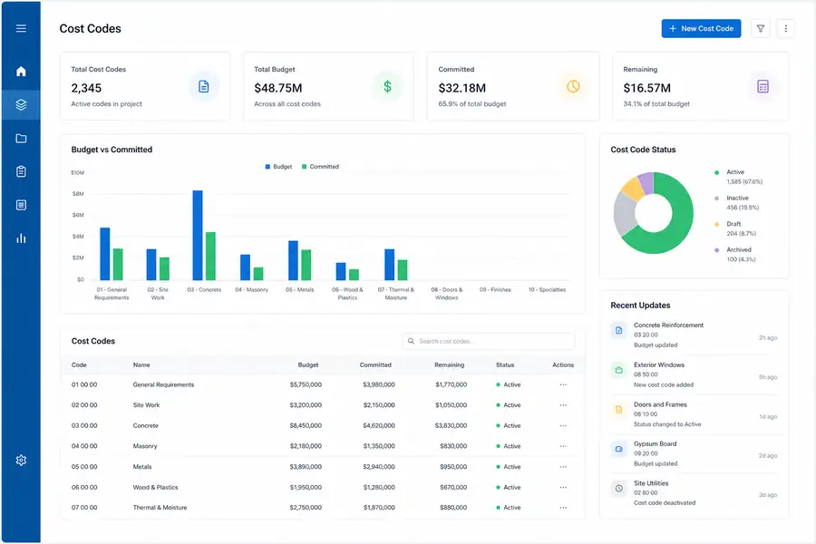 Clean SaaS dashboard illustration for construction cost codes, modern flat UI style, brand blue accents