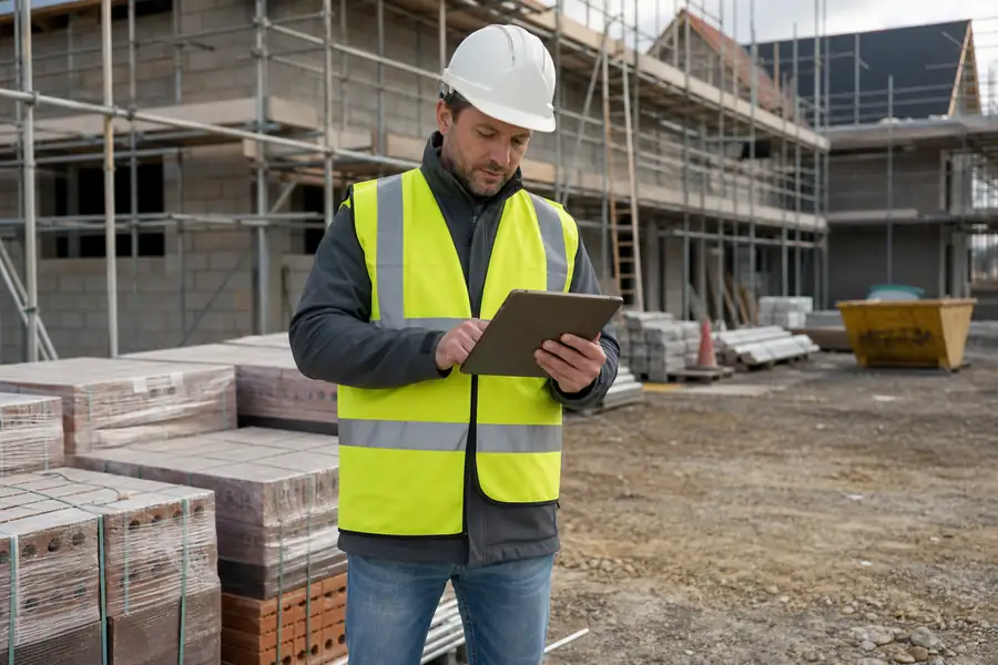 Construction site manager reviewing costs on a tablet beside building materials, realistic photo