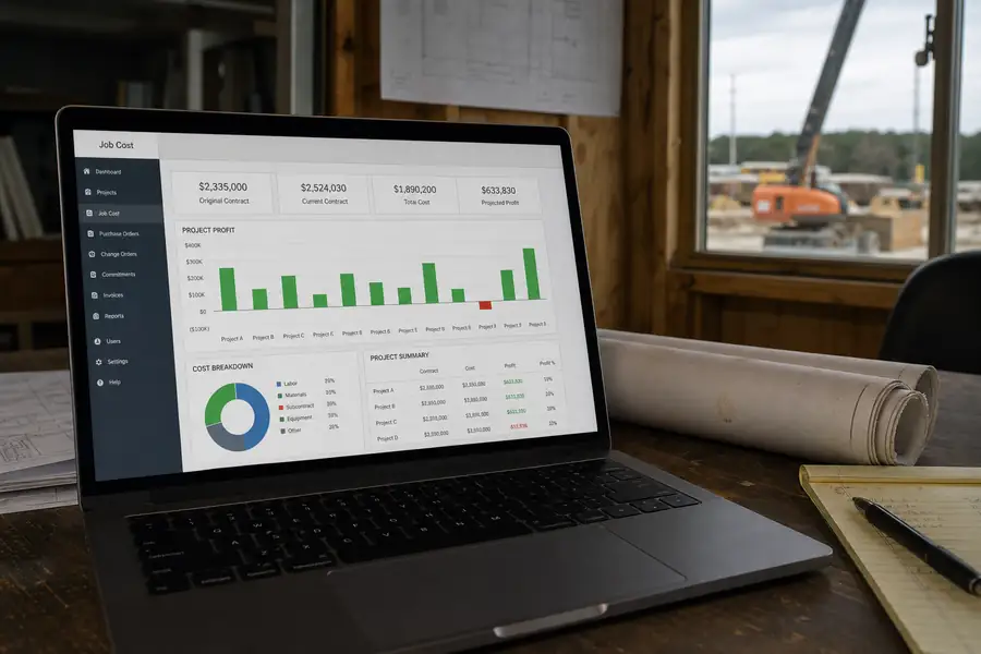 Of job cost dashboard with project profit bars on a laptop at a job site trailer, shallow depth of field, realistic photo