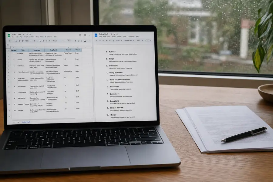 Diagram showing a policy draft exported from AI into a spreadsheet and a Google Doc side by side