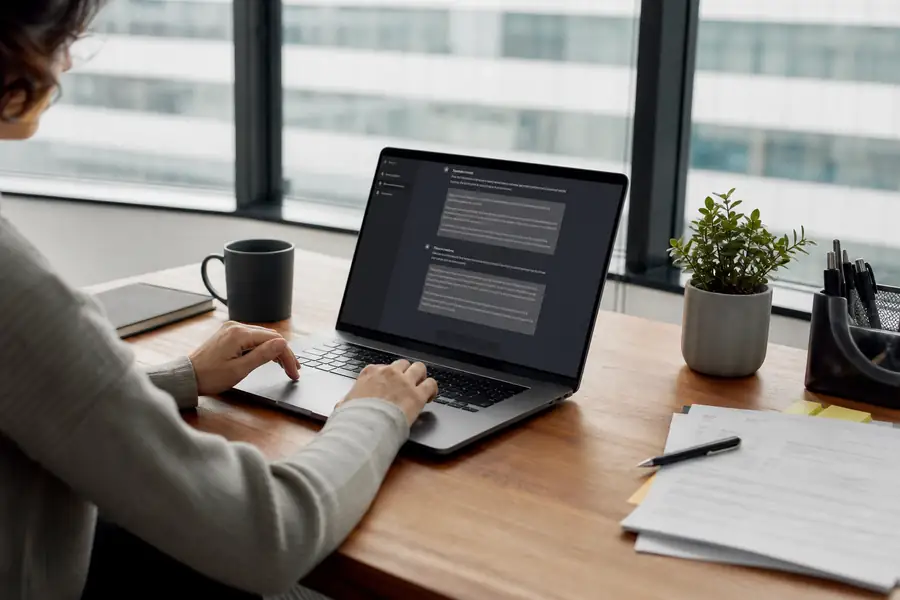 Person at a laptop using an AI chat assistant to generate a corporate travel policy document, modern office, realistic photo