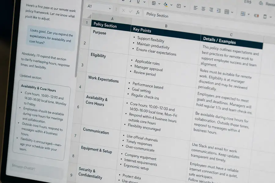 Of a screen showing a spreadsheet or policy document being built from an AI chat conversation, shallow depth of field, realistic photo