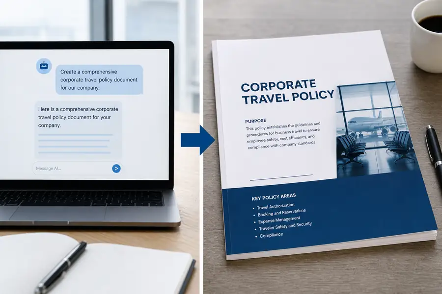 Split illustration: AI chat prompt on the left transforming into a finished corporate travel policy document on the right, modern flat style, brand blue accents