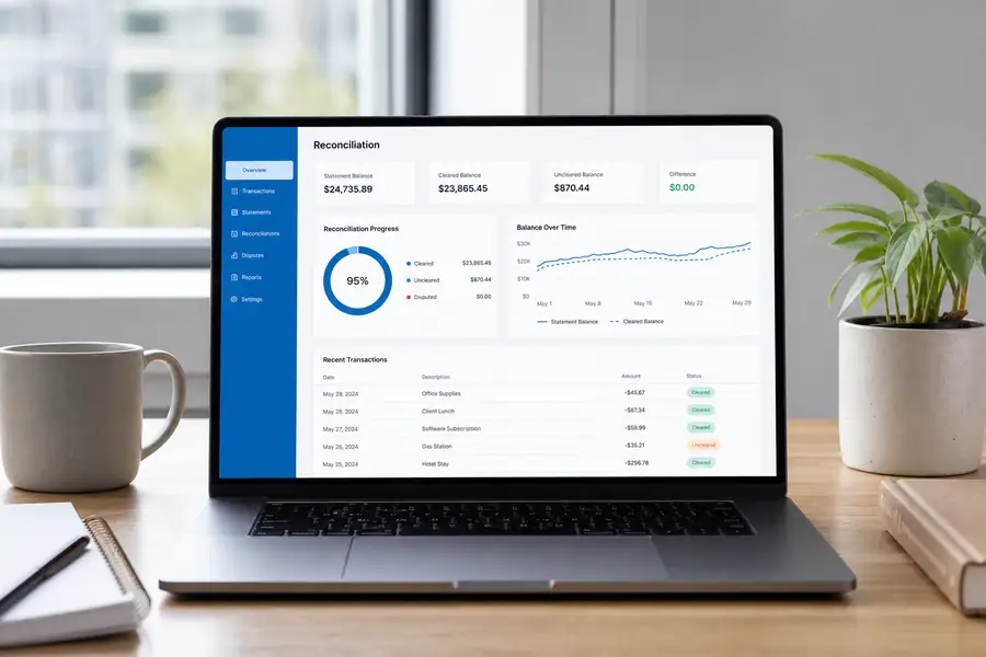 Clean SaaS dashboard illustration for credit card reconciliation, modern flat UI style, brand blue accents