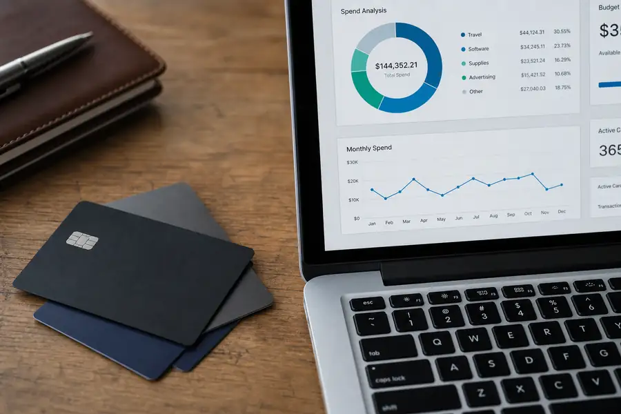 Corporate cards laid on a desk beside a spend dashboard on a laptop