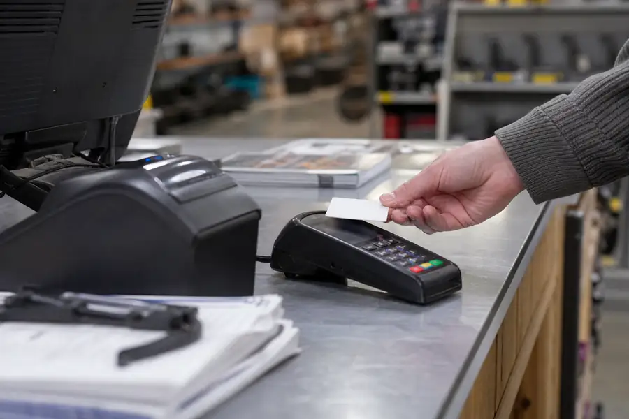 Employee corporate card being tapped at a hardware store counter