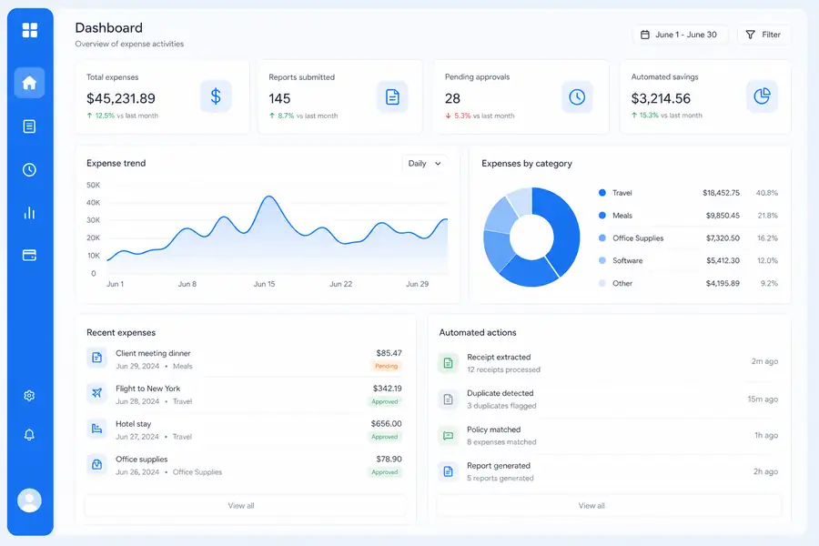 Clean SaaS dashboard illustration for expense management automation, modern flat UI style, brand blue accents