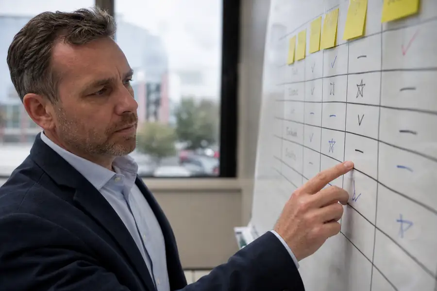 Of finance manager comparing software options on a whiteboard shortlist, shallow depth of field, realistic photo