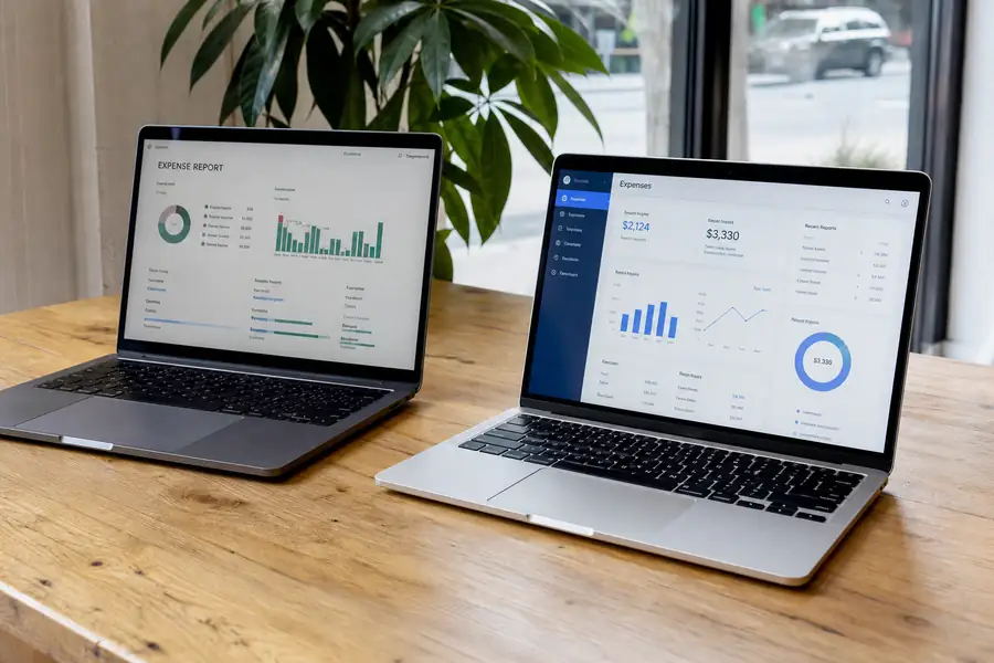Two laptops side by side showing different expense software dashboards, realistic photo