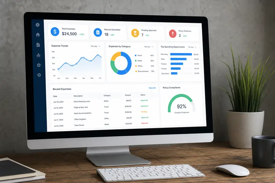 Clean SaaS dashboard illustration for expense management best practices, modern flat UI style, brand blue accents