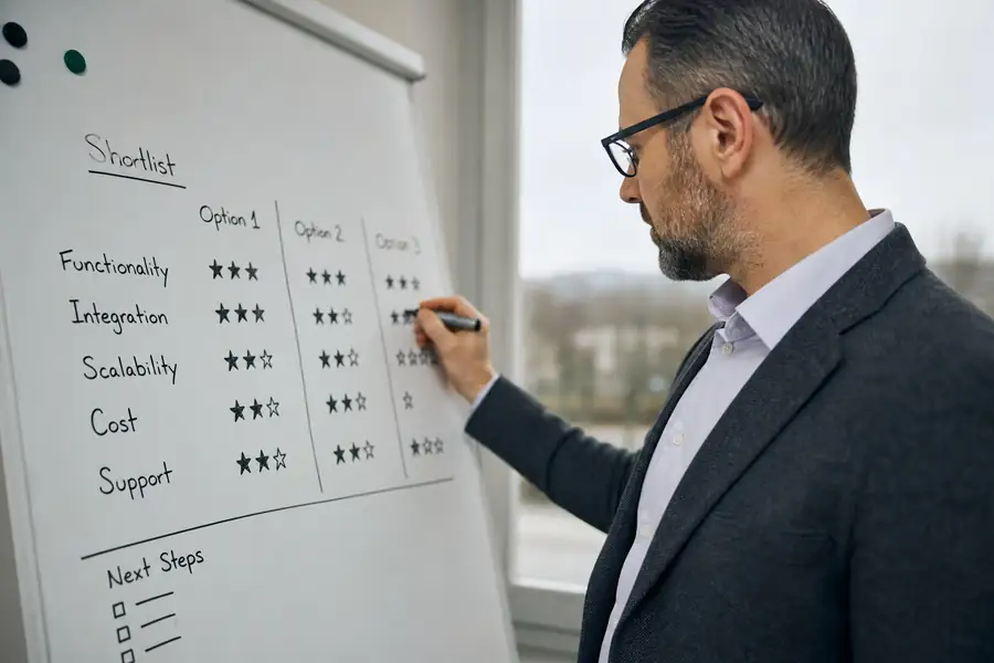 Of finance manager comparing software options on a whiteboard shortlist, shallow depth of field, realistic photo