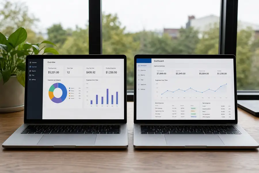 Two laptops side by side showing different expense software dashboards, realistic photo