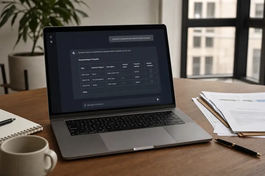 Person at a laptop using an AI chat assistant to generate a expense report template document, modern office, realistic photo