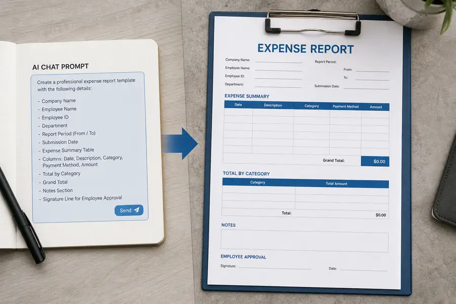 Split illustration: AI chat prompt on the left transforming into a finished expense report template document on the right, modern flat style, brand blue accents