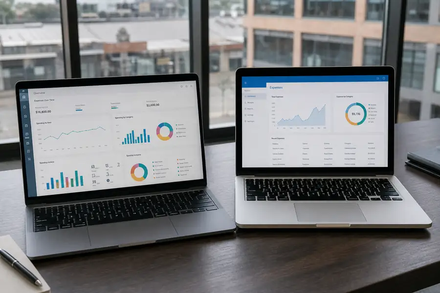 Two laptops side by side showing different expense software dashboards