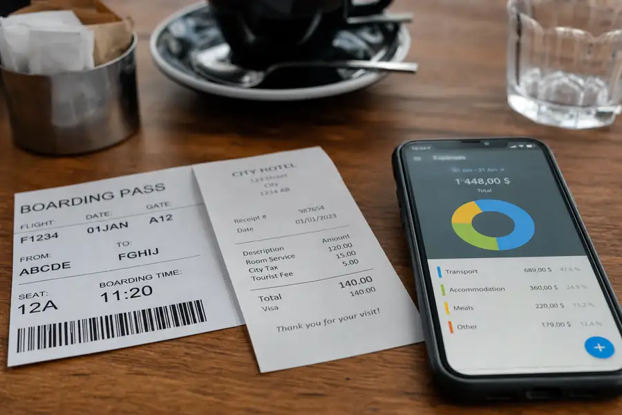 Boarding pass, hotel receipt and phone with an expense app on a cafe table