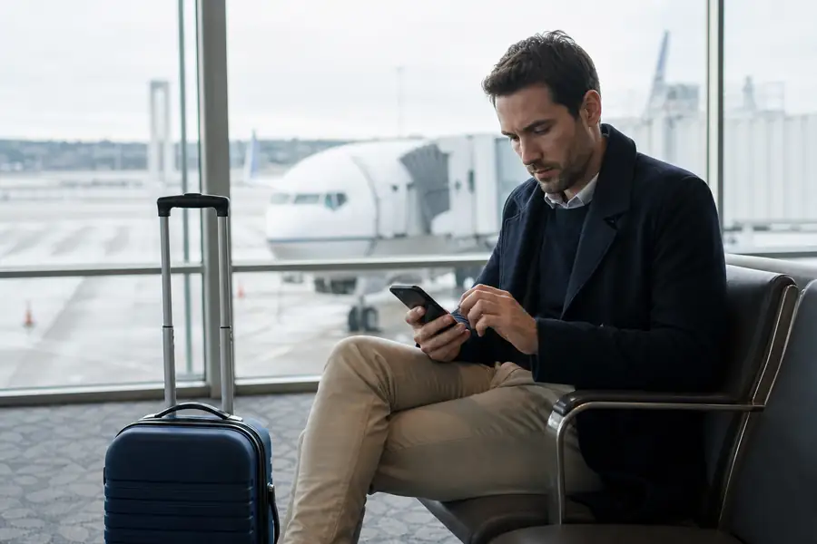 Business traveler with carry-on reviewing expenses on a phone at an airport gate