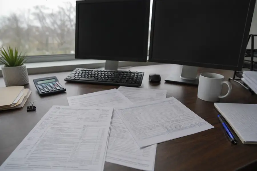 Bookkeeper at a desk with tax forms, calculator and dual monitors
