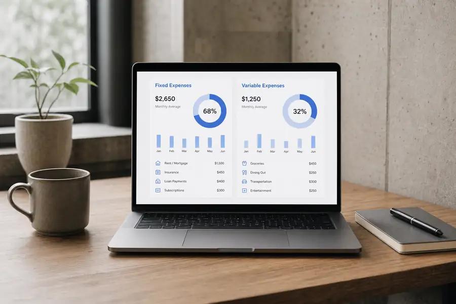 Clean SaaS dashboard illustration for fixed vs variable expenses, modern flat UI style, brand blue accents
