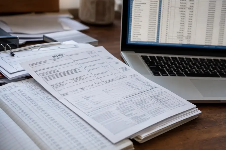 Organized ledger and 1099 forms beside a laptop with accounting software