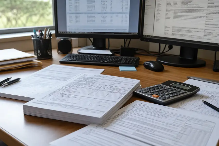 Bookkeeper at a desk with tax forms, calculator and dual monitors, realistic photo