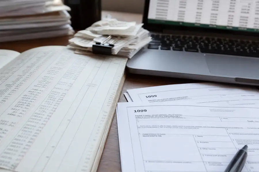 Of organized ledger and 1099 forms beside a laptop with accounting software, shallow depth of field, realistic photo