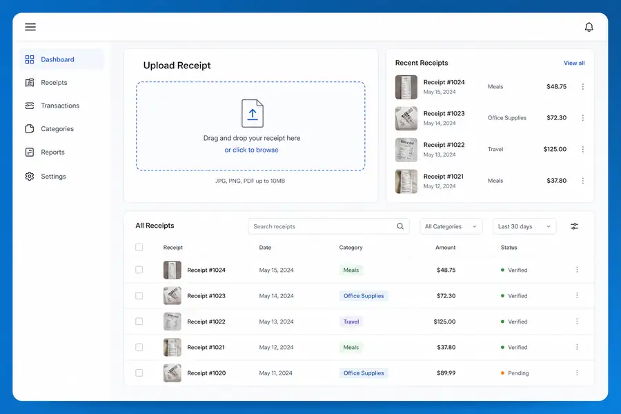 Clean SaaS dashboard illustration for how to digitize receipts, modern flat UI style, brand blue accents