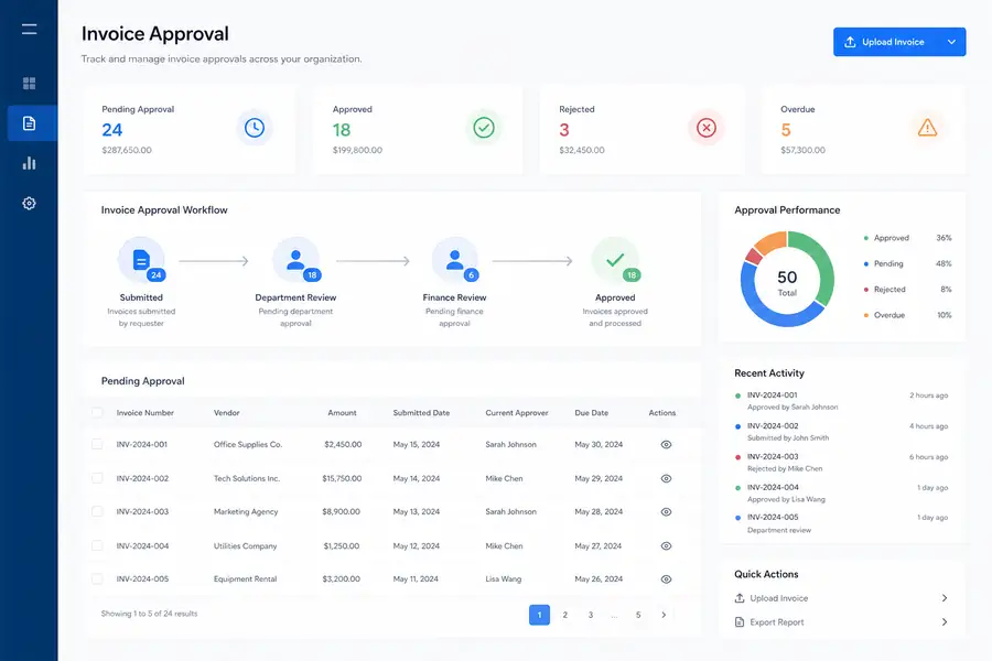 Clean SaaS dashboard illustration for invoice approval workflow, modern flat UI style, brand blue accents