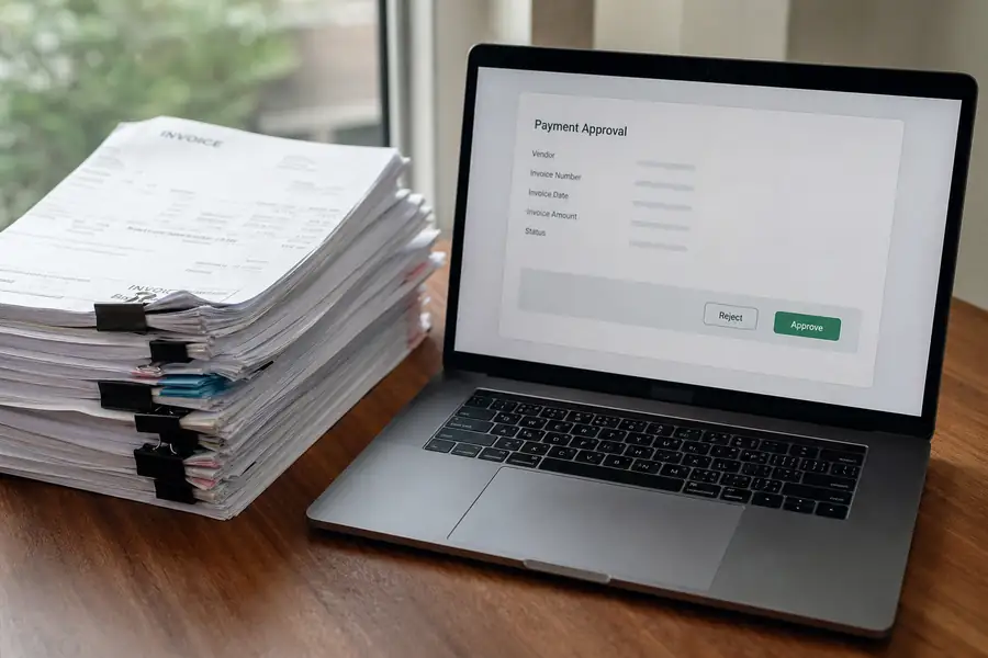 Stack of vendor invoices beside a laptop showing a payment approval screen
