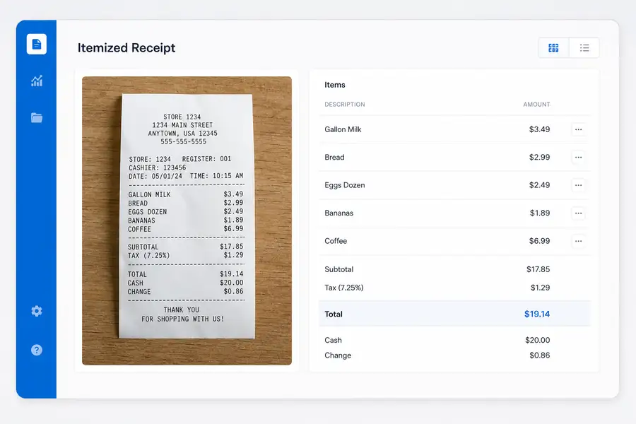 Clean SaaS dashboard illustration for itemized receipt, modern flat UI style, brand blue accents