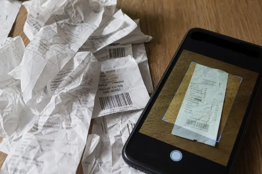 Crumpled paper receipts scattered next to a smartphone scanning one, realistic photo