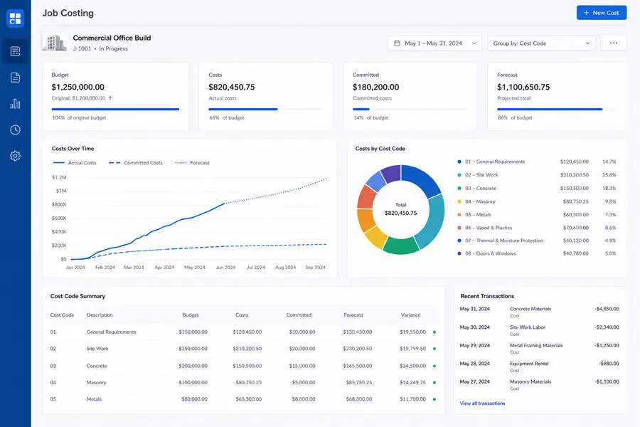 Clean SaaS dashboard illustration for job costing for contractors, modern flat UI style, brand blue accents