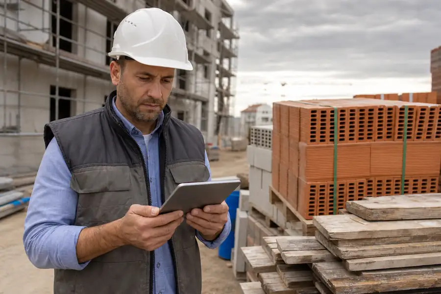Construction site manager reviewing costs on a tablet beside building materials, realistic photo